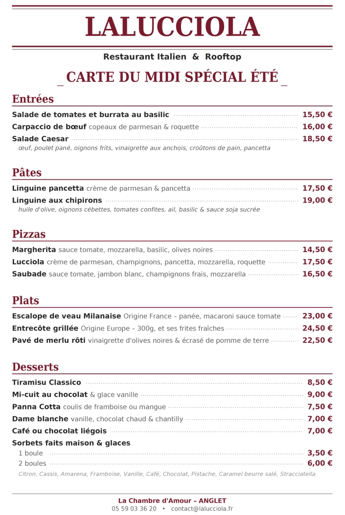 la_lucciola_anglet_carte_du_midi Menu du midi pour le restaurant LaLucciola Anglet à la chambre d'amour, été 2026